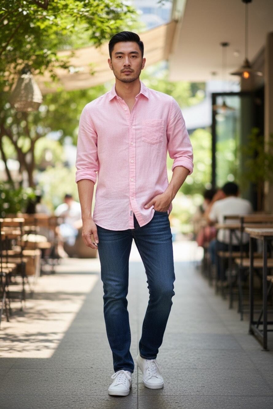 Original Penguin 100% Linen Button Down Shirt Men's Pink Long Sleeve Casual